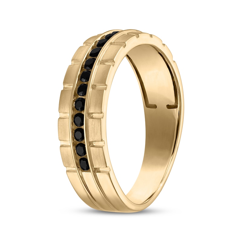 Main Image 2 of Now + Forever Men's Black Diamond Notched Satin Finish Wedding Band 1/2 ct tw 10K Yellow Gold