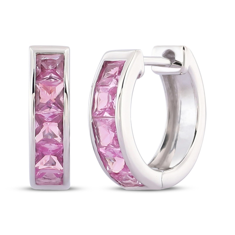 Main Image 1 of Square-Cut Pink Lab-Created Sapphire Hoop Earrings Sterling Silver