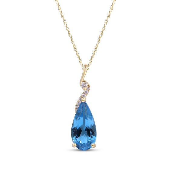Pear-Shaped Swiss Blue Topaz & Diamond Swirl Necklace 1/20 ct tw 10K Yellow Gold 18"