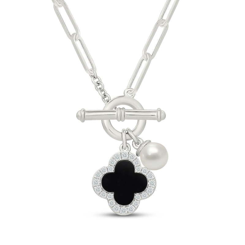 Main Image 1 of Cultured Pearl, Black Onyx & White Lab-Created Sapphire Clover Toggle Necklace Sterling Silver 18"