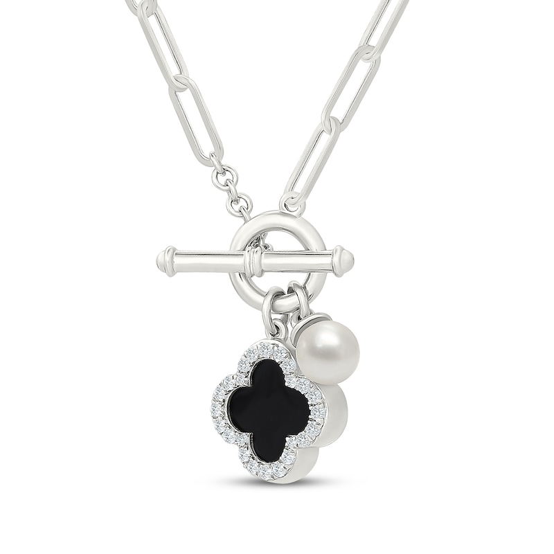 Main Image 2 of Cultured Pearl, Black Onyx & White Lab-Created Sapphire Clover Toggle Necklace Sterling Silver 18"