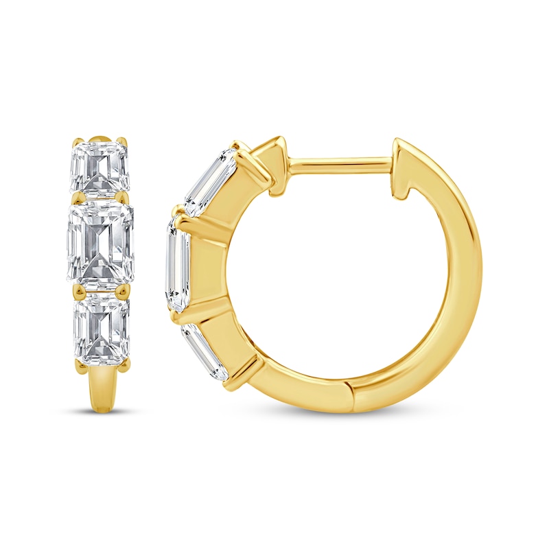 Main Image 3 of KAY Lab-Grown Diamonds Emerald-Cut Three-Stone Huggie Hoop Earrings 2 ct tw 24K Yellow Gold Vermeil Sterling Silver