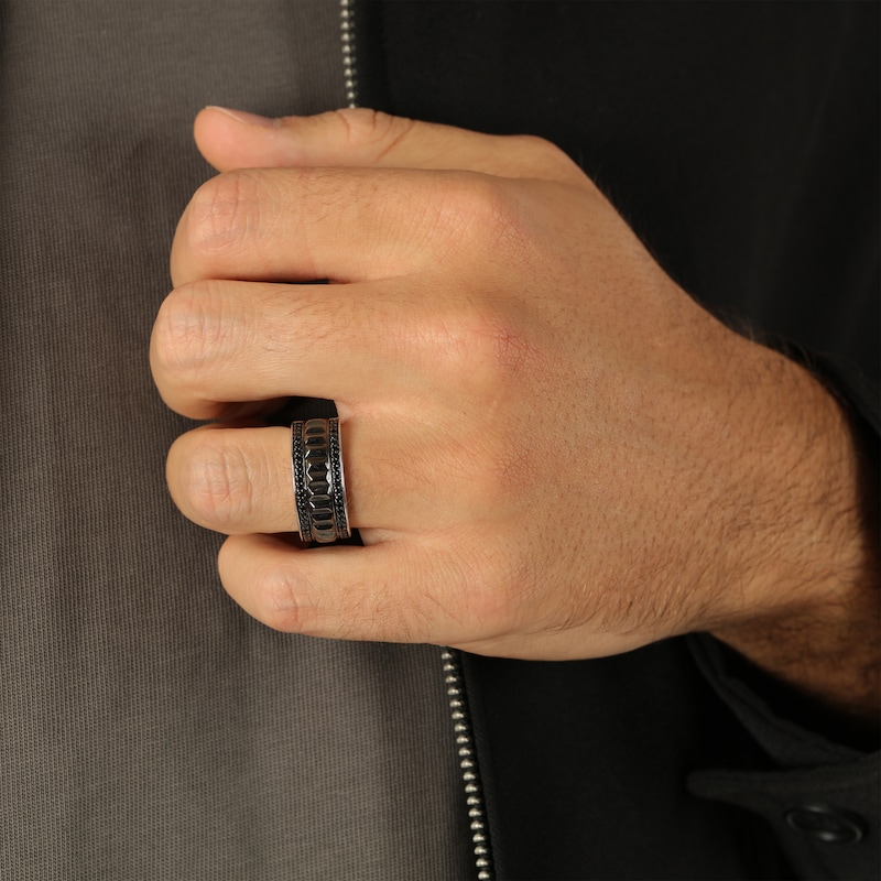 Main Image 4 of Twelve Crowns Men's Natural Black Spinel Wide Ridged Ring Sterling Silver with Black Rhodium Plate