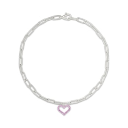 Pink Lab-Created Sapphire Heart Paperclip Chain Anklet Sterling Silver 10"
