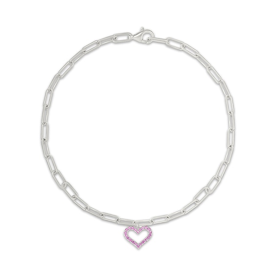 Pink Lab-Created Sapphire Heart Paperclip Chain Anklet Sterling Silver 10"