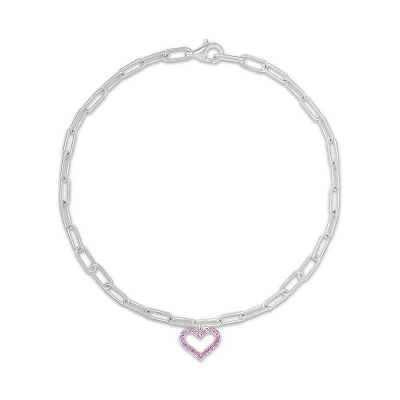 Main Image 1 of Pink Lab-Created Sapphire Heart Paperclip Chain Anklet Sterling Silver 10"