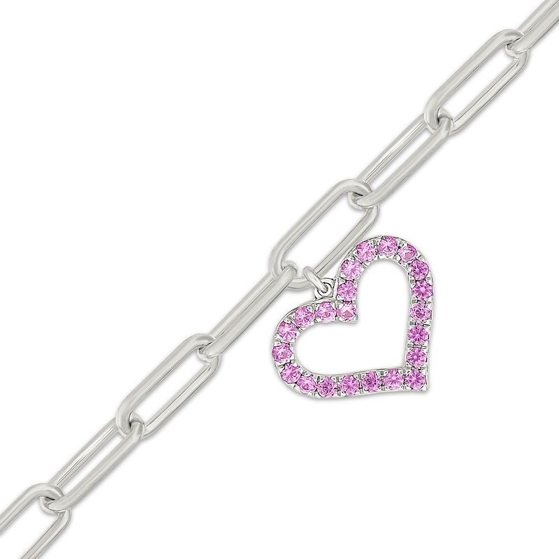 Main Image 2 of Pink Lab-Created Sapphire Heart Paperclip Chain Anklet Sterling Silver 10"