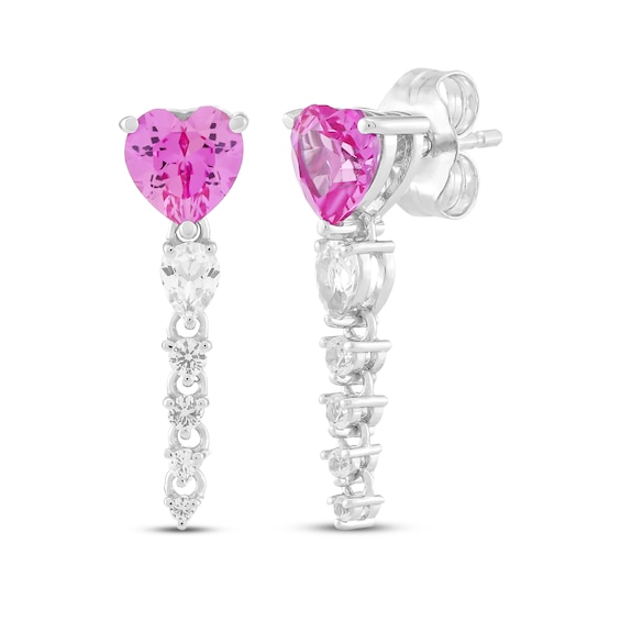 Heart-Shaped Pink Lab-Created Sapphire & White Lab-Created Sapphire Dangle Earrings Sterling Silver