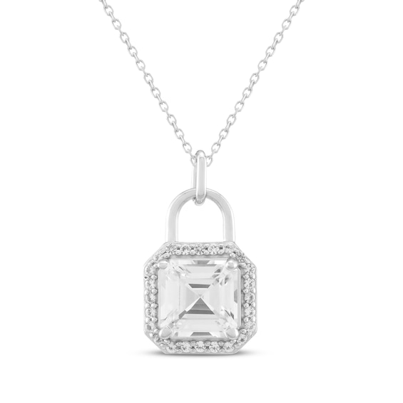 Square Emerald-Cut White Lab-Created Sapphire Lock Necklace Sterling Silver 18"