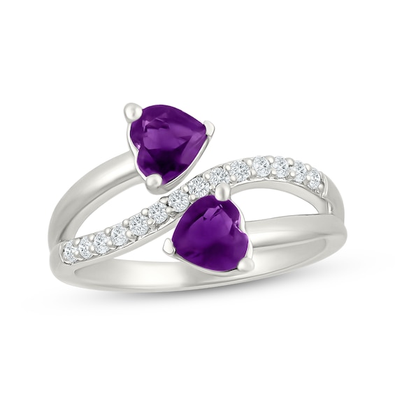 Heart-Shaped Natural Amethyst & White Lab-Created Sapphire Bypass Ring Sterling Silver