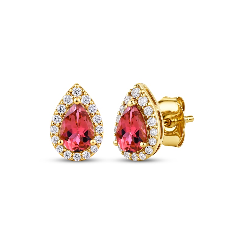 Main Image 1 of KAY Lab-Grown Diamonds & Pear-Shaped Natural Pink Tourmaline Halo Stud Earrings 1/5 ct tw 10K Yellow Gold
