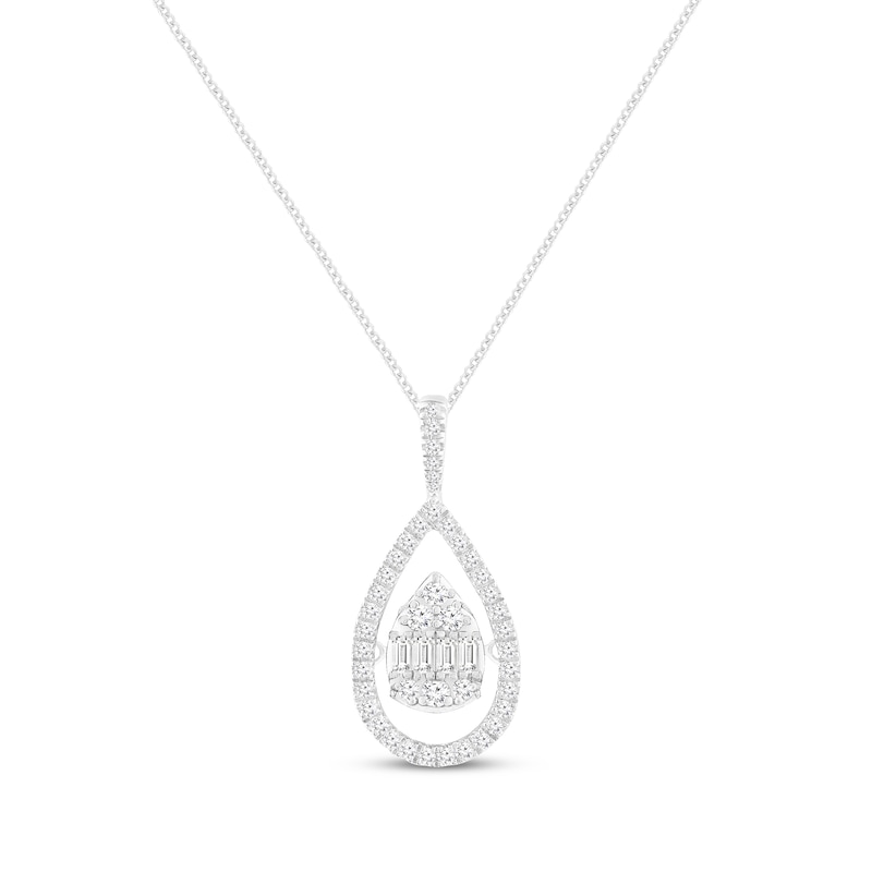 Main Image 1 of Unstoppable Love Baguette & Round-Cut Multi-Diamond Teardrop Necklace 1/2 ct tw 10K White Gold 19&quot;