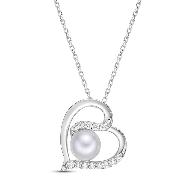 Cultured Pearl & Round-Cut Diamond Heart Necklace 1/15 ct tw Sterling ...