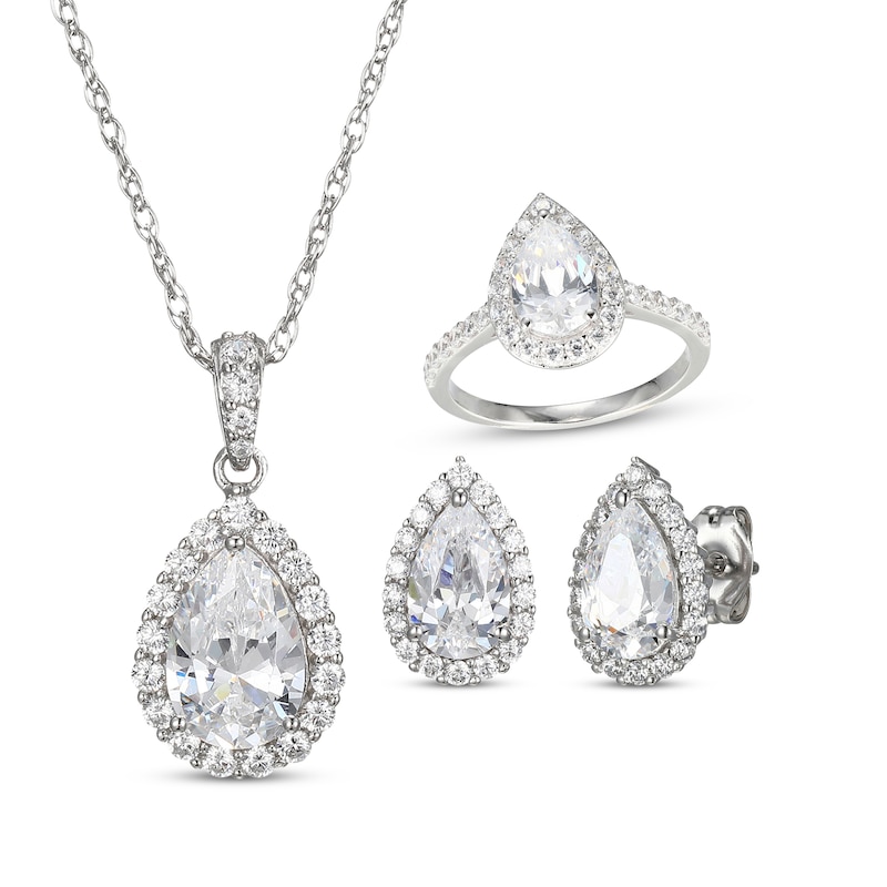 Main Image 1 of Pear-Shaped White Lab-Created Sapphire Halo Gift Set Sterling Silver
