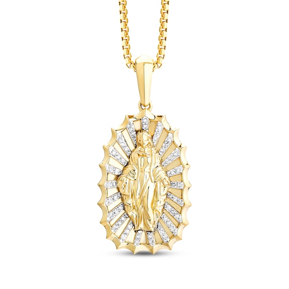 Men's White & Black Diamond Blessed Mother Diamond-Cut Necklace 1/6 ct tw 10K Yellow Gold 22"