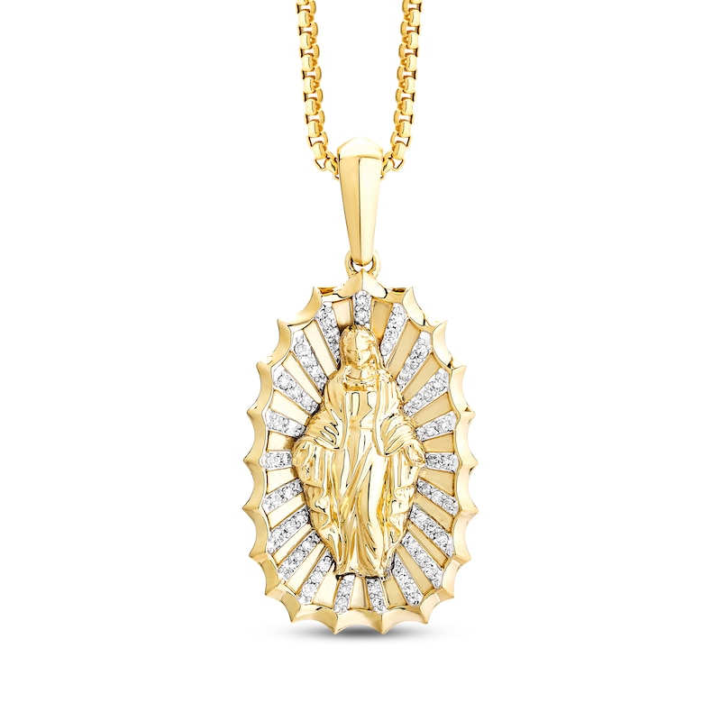 Main Image 1 of Men's White & Black Diamond Blessed Mother Diamond-Cut Necklace 1/6 ct tw 10K Yellow Gold 22&quot;