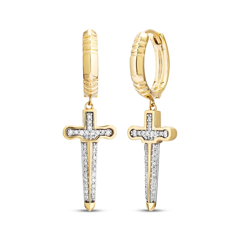 Men's White & Black Diamond Dagger Dangle Hoop Earrings 1/4 ct tw 10K Yellow Gold