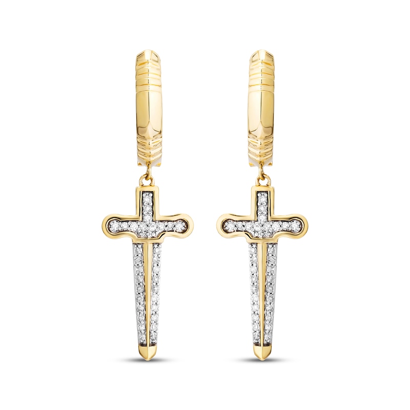 Men's White & Black Diamond Dagger Dangle Hoop Earrings 1/4 ct tw 10K Yellow Gold