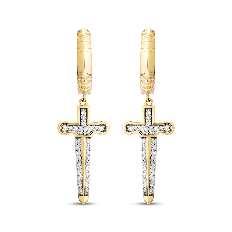 Main Image 2 of Men's White & Black Diamond Dagger Dangle Hoop Earrings 1/4 ct tw 10K Yellow Gold