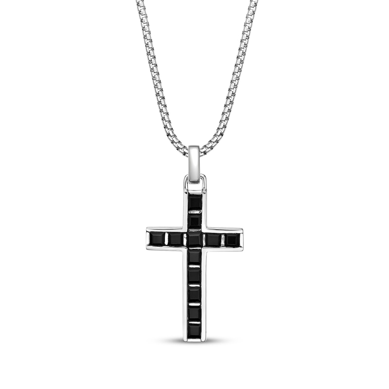 Main Image 1 of Men's Square-Cut Black Onyx Cross Necklace Sterling Silver 24&quot;