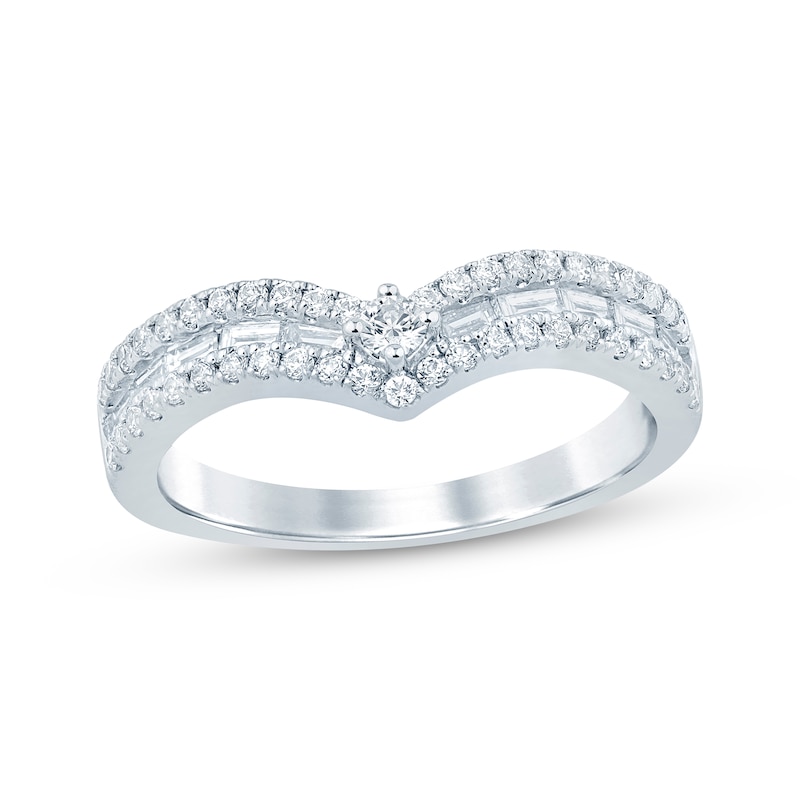 Main Image 1 of Now + Forever Baguette & Round-Cut Diamond Chevron Anniversary Ring 5/8 ct tw 14K White Gold