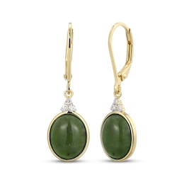 Oval Nephrite Jade & Diamond Drop Earrings 1/15 ct tw 14K Yellow Gold