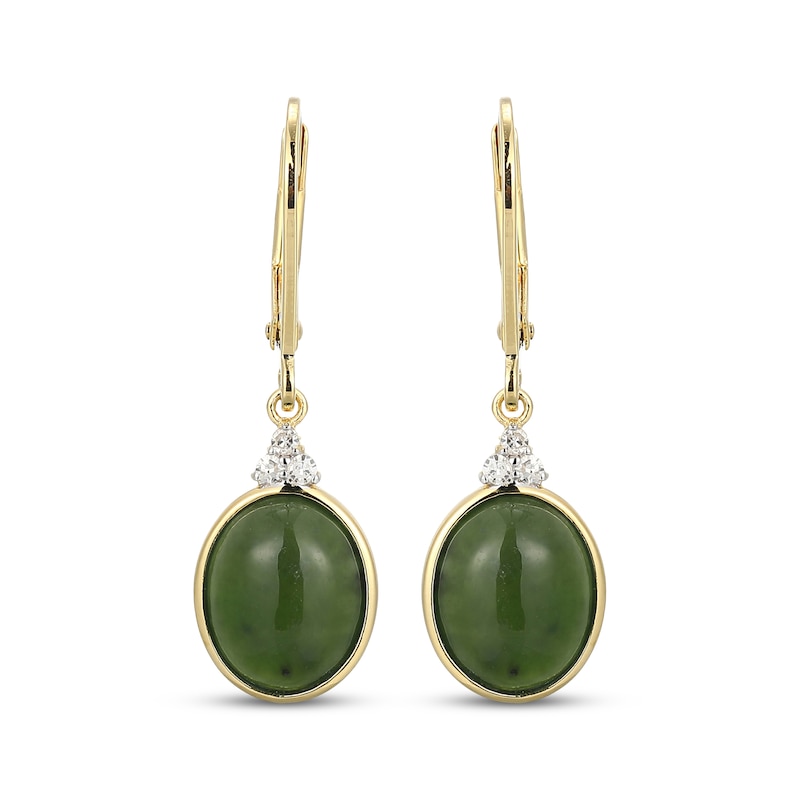 Main Image 2 of Oval Nephrite Jade & Diamond Drop Earrings 1/15 ct tw 14K Yellow Gold