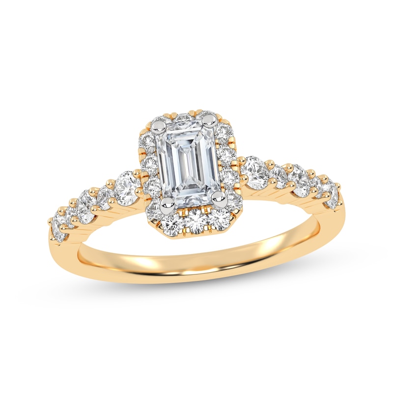 Main Image 1 of Now + Forever Lab-Grown Diamonds Emerald-Cut Halo Engagement Ring 3/4 ct tw 14K Yellow Gold
