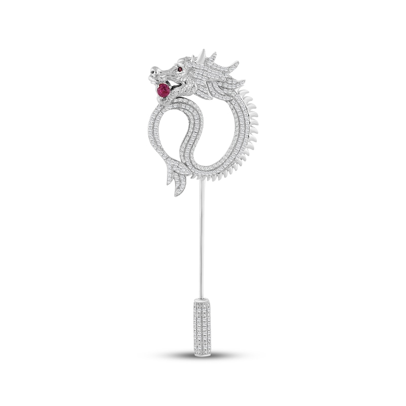 Main Image 1 of Men's Diamond & Lab-Created Ruby Dragon Brooch 1 ct tw Sterling Silver