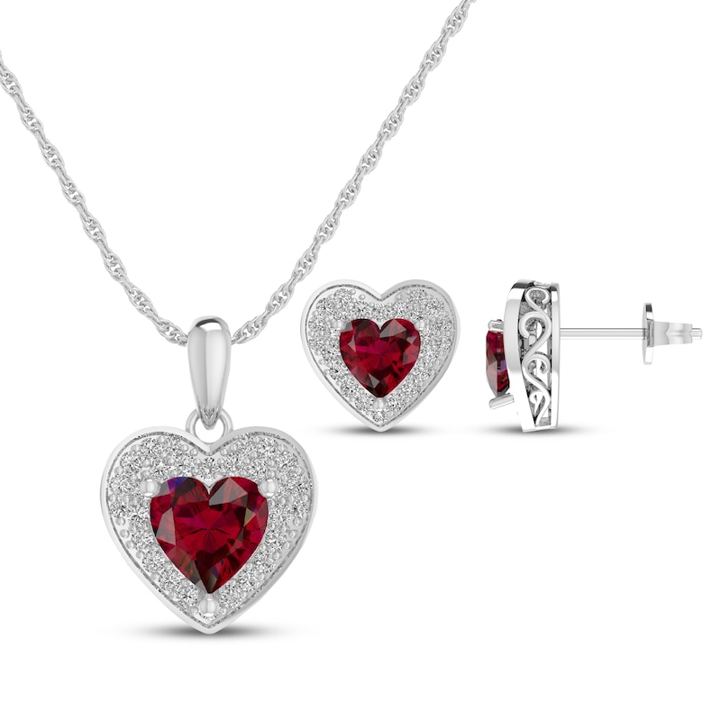 Main Image 1 of Heart-Shaped Lab-Created Ruby & White Lab-Created Sapphire Gift Set Sterling Silver