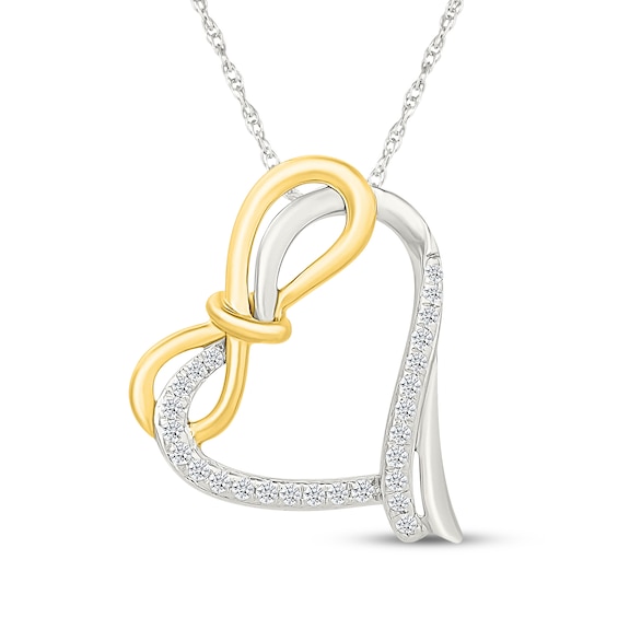 Diamond Tilted Heart & Bow Necklace 1/6 ct tw Sterling Silver & 10K Yellow Gold 18"