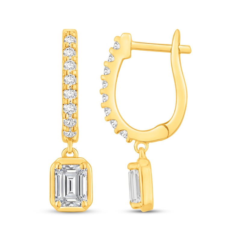 Main Image 1 of Emerald-Cut Lab-Grown Diamond Dangle Hoop Earrings 1 ct tw 10K Yellow Gold