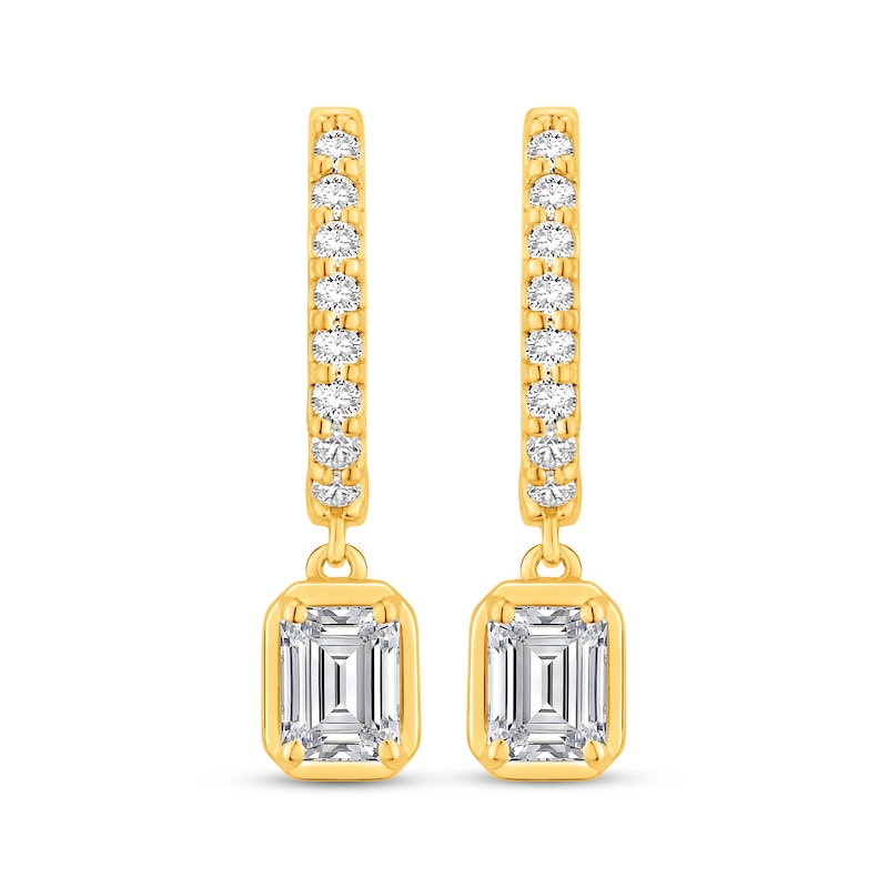 Main Image 2 of Emerald-Cut Lab-Grown Diamond Dangle Hoop Earrings 1 ct tw 10K Yellow Gold