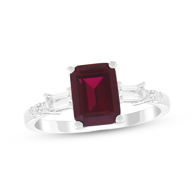 Main Image 1 of Emerald-Cut Lab-Created Ruby & White Lab-Created Sapphire Ring Sterling Silver