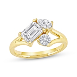 Memories Moments Magic Lab-Grown Diamonds Emerald, Pear & Round-Cut Three-Stone Engagement Ring 1-1/2 ct tw 14K Yellow Gold