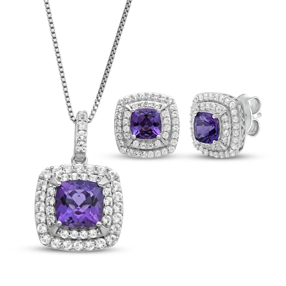 Cushion-Cut Amethyst Double Halo Gift Set Sterling Silver