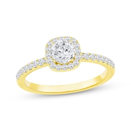 Now + Forever Lab-Grown Diamonds Round-Cut Cushion Halo Engagement Ring 1-1/2 ct tw 14K Yellow Gold