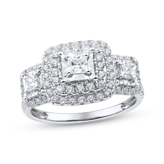 Princess-Cut Diamond Three-Stone Halo Engagement Ring 1 ct tw 10K White Gold