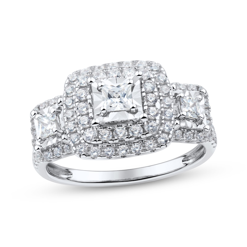 Main Image 1 of Princess-Cut Diamond Three-Stone Halo Engagement Ring 1 ct tw 10K White Gold