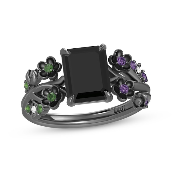 Wicked: For Good Octagon-Cut Black Onyx, Amethyst, Green Tourmaline & Lab-Grown Diamond Accent Flower Ring Black Rhodium-Plated Sterling Silver