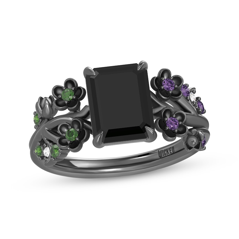 Main Image 1 of Wicked: For Good Octagon-Cut Black Onyx, Amethyst, Green Tourmaline & Lab-Grown Diamond Accent Flower Ring Black Rhodium-Plated Sterling Silver