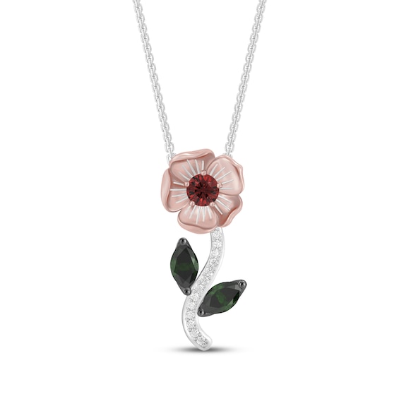 Wicked: For Good Garnet, Green Tourmaline & Lab-Grown Diamond Flower Necklace 1/15 ct tw Sterling Silver & 18K Rose Gold Vermeil Plating 18"