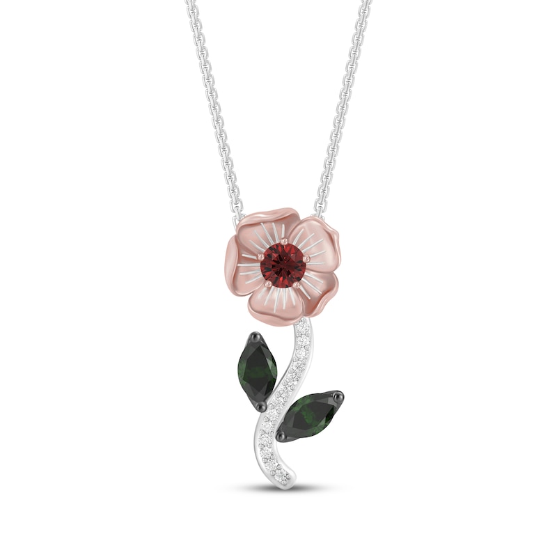 Main Image 1 of Wicked: For Good Garnet, Green Tourmaline & Lab-Grown Diamond Flower Necklace 1/15 ct tw Sterling Silver & 18K Rose Gold Vermeil Plating 18"