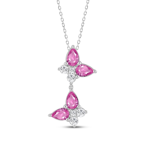 Pear-Shaped Pink Lab-Created Sapphire & Round-Cut White Lab-Created Sapphire Butterflies Necklace Sterling Silver 18"