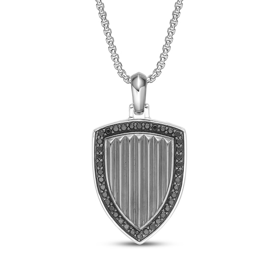 Twelve Crowns Men's Natural Black Spinel Textured Shield Necklace Sterling Silver with Black Rhodium Plate 24"