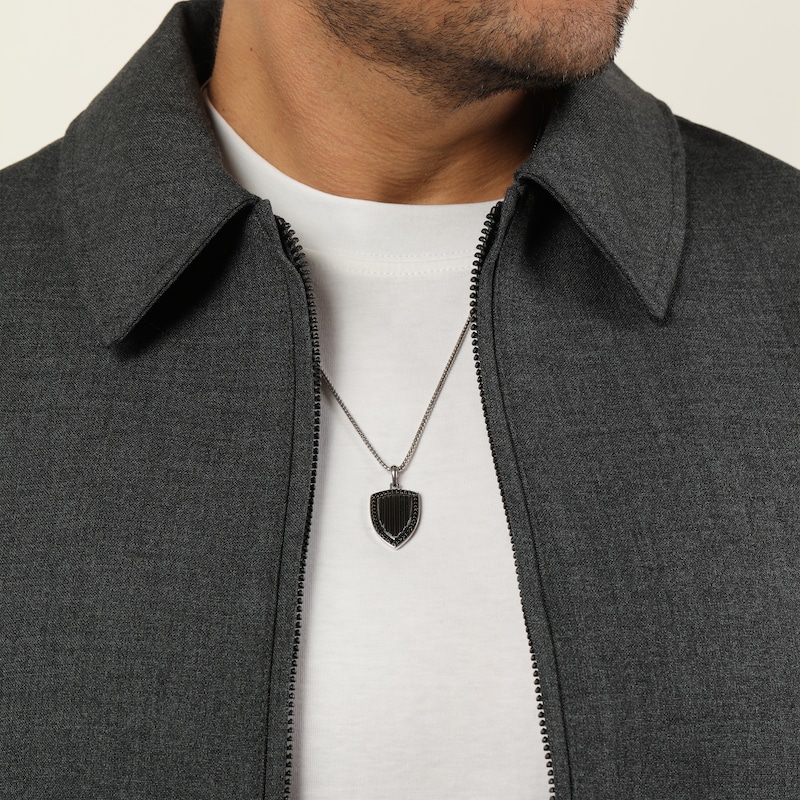 Main Image 6 of Twelve Crowns Men's Natural Black Spinel Textured Shield Necklace Sterling Silver with Black Rhodium Plate 24"