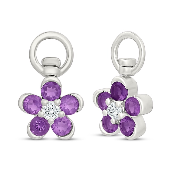 Amethyst & White Lab-Created Sapphire Flower Swivel Earring Charms Sterling Silver