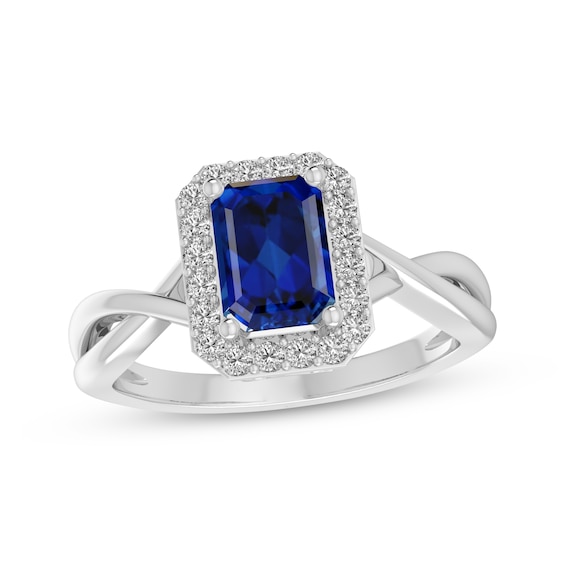 Octagon-Cut Blue Lab-Created Sapphire & White Lab-Created Sapphire Halo Fashion Twist Ring Sterling Silver