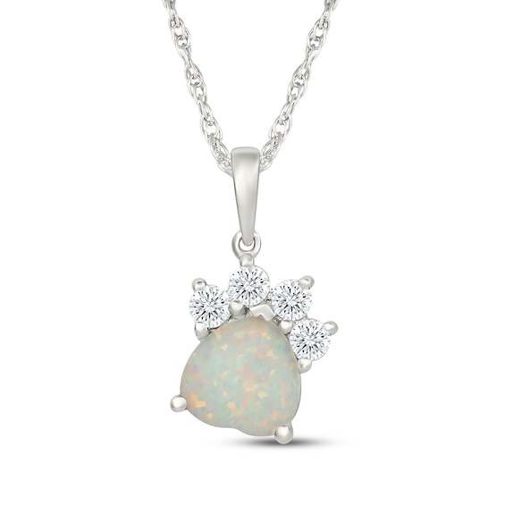 Heart-Shaped Lab-Created Opal & White Lab-Created Sapphire Paw Print Necklace Sterling Silver 18"