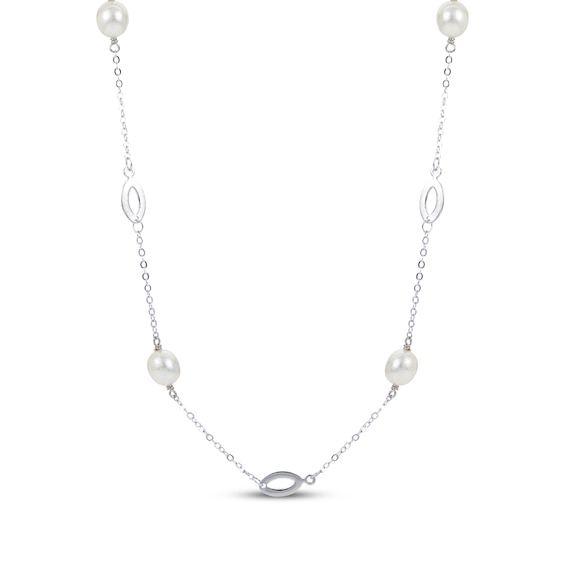 Oval-Shaped Cultured Pearl Station Necklace Sterling Silver 17.75"